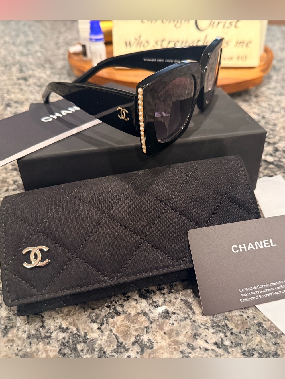 Chanel Black Pearl-Trim Square Sunglasses New